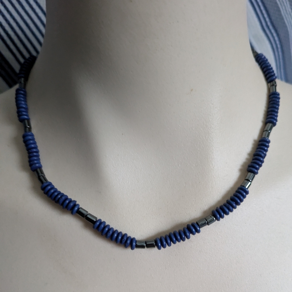 Vintage Blue & Black Beaded Necklace Men Women Unisex Boho Gypsy Coastal Cadual - Picture 4 of 9